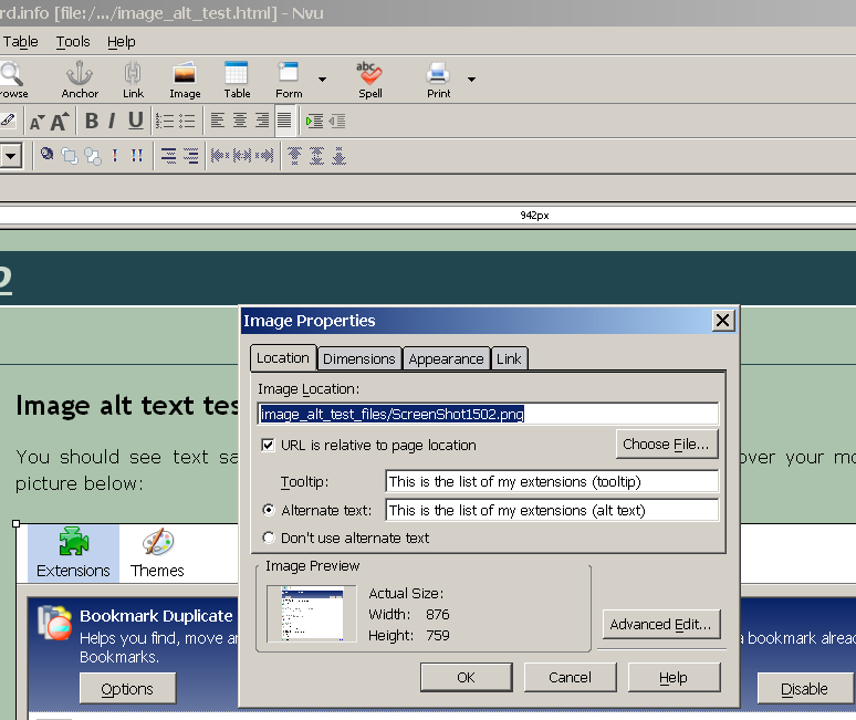 Setting alternate and tooltip text in Nvu